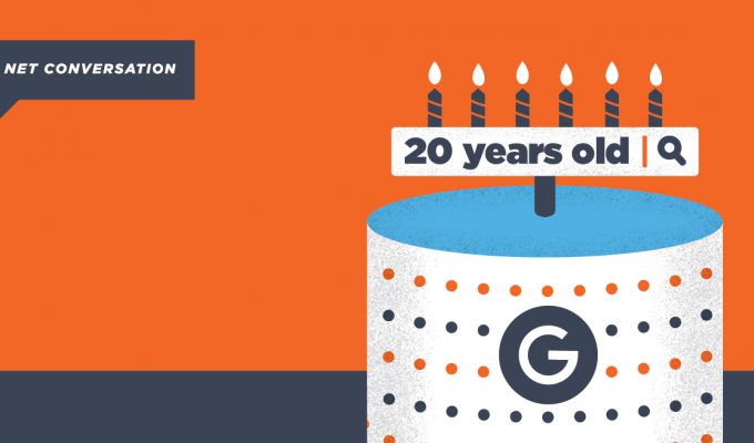 illustration of cake with google logo and 20 candles