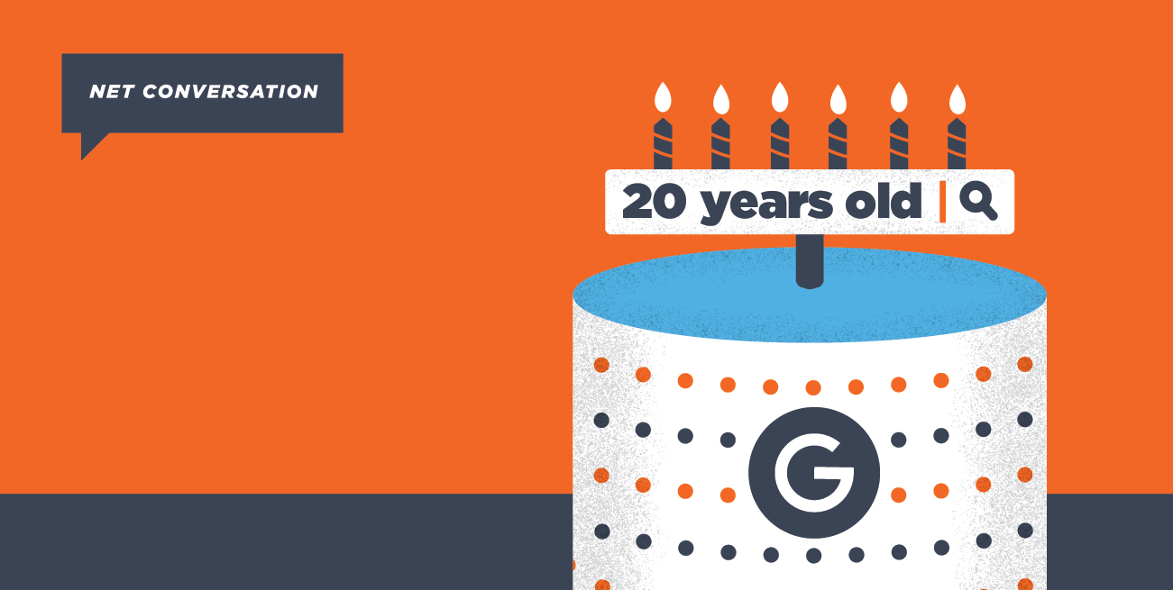 illustration of cake with google logo and 20 candles