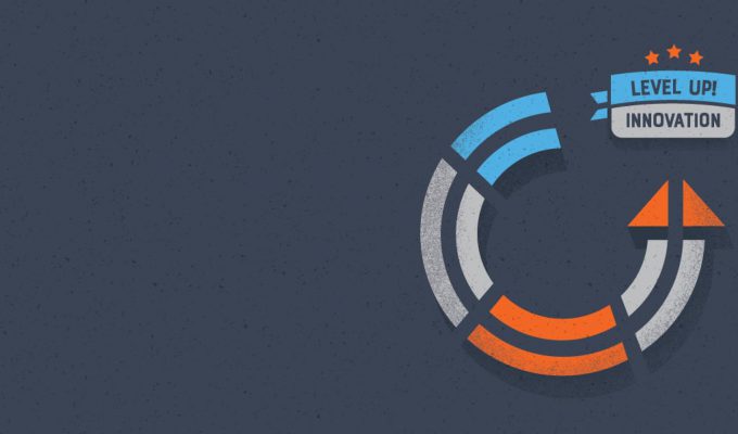 innovation logo - illustration of arrow circle with text to level up