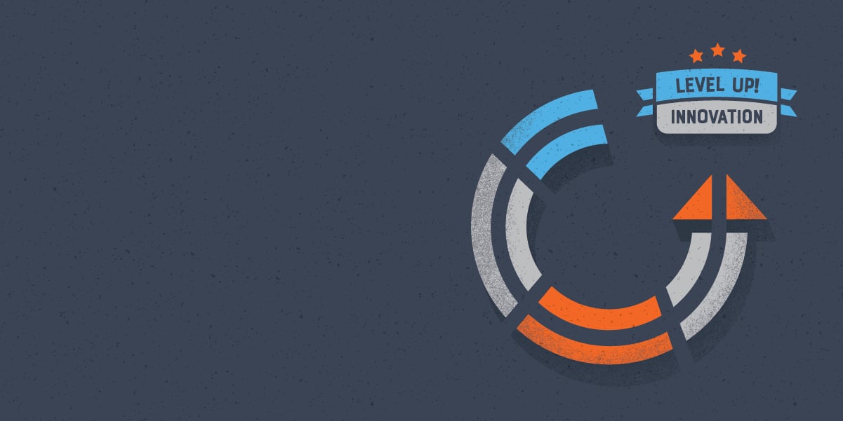 innovation logo - illustration of arrow circle with text to level up